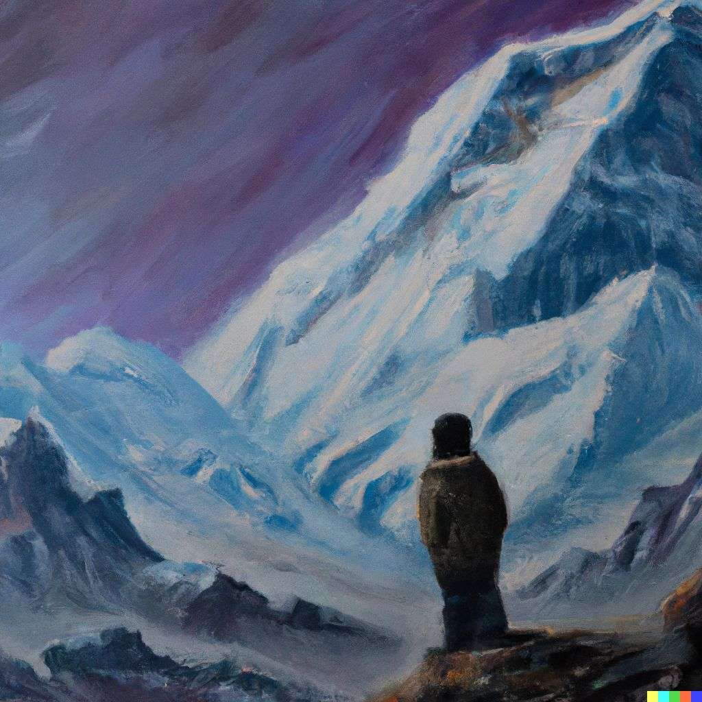 someone gazing at Mount Everest, oil painting